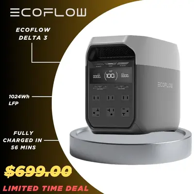 ECOFLOW DELTA 3 Portable Power Station, Full Charge in 56 min, 1024Wh LiFePO4 Battery, 1800W AC/100W USB-C Output, Solar Gene...