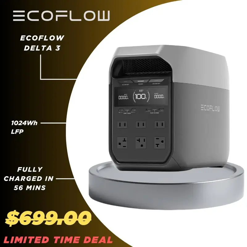 ECOFLOW DELTA 3 Portable Power Station, Full Charge in 56 min, 1024Wh LiFePO4 Battery, 1800W AC/100W USB-C Output, Solar Gene...