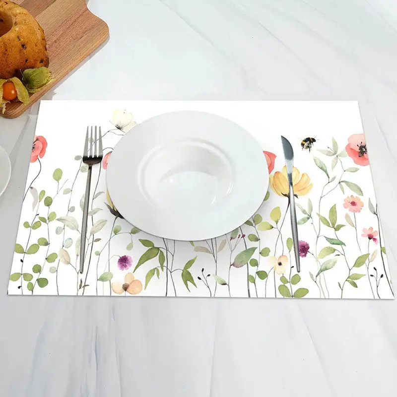Pink Yellow Flowers Leaves Spring Set Of 4 Placemats - Aperturee
