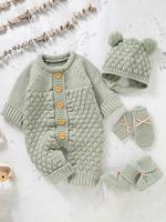 Baby's Button Front Sweater Jumpsuit & Pom Pom Decor Baby Bonnet & Bow Decor Mittens & Knit Baby Shoes Outfit Set, Cute Cloth...