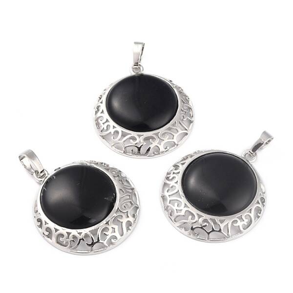 Natural Obsidian Pendants with Hollow Platinum Brass Findings
