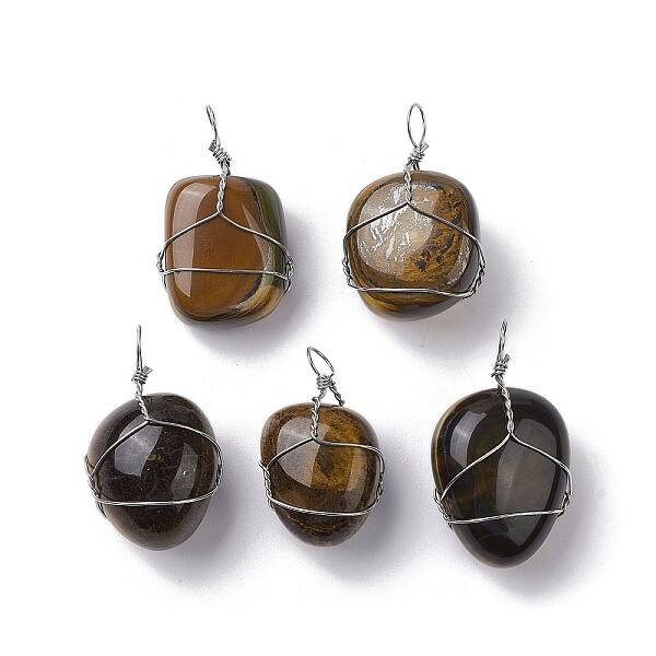 Natural Tiger Eye Copper Wire Wrapped Pendants