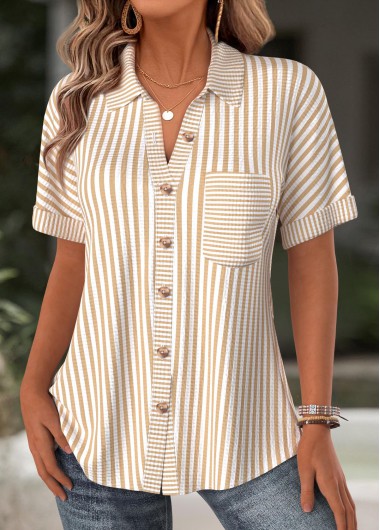 Modlily Light Camel Striped Short Sleeve Shirt - M