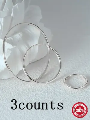 925 Sterling Silver Simple Vintage Style Hoop Earrings Set, Fashion Jewelry for Party, Daily Clothing Decor, Trendy & Exquisi...