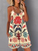 Women's Floral Print Cami Romper, Boho Casual Comfy Sleeveless Loose Spaghetti Strap Romper for Summer, Ladies Clothes for Be...
