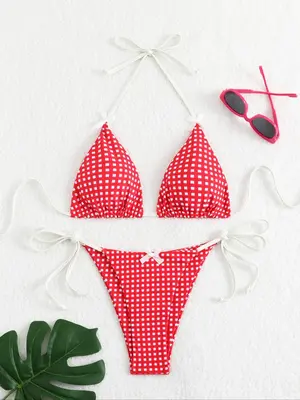 Two-Piece Set Women's Plaid Print Bikini Set, Casual Fashion Chic Bow Decor Halter Neck Tie Back Triangle Swim Bra & Tie Side...