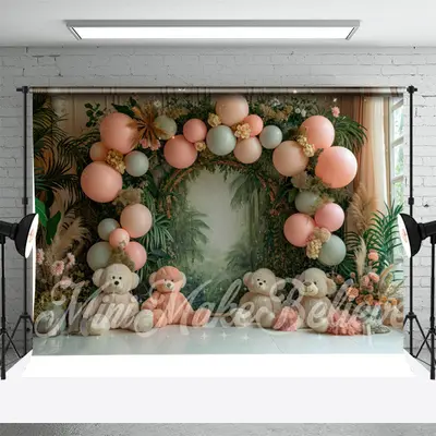 Balloon Greenery Bear Birthday Cake Smash Backdrop - Aperturee