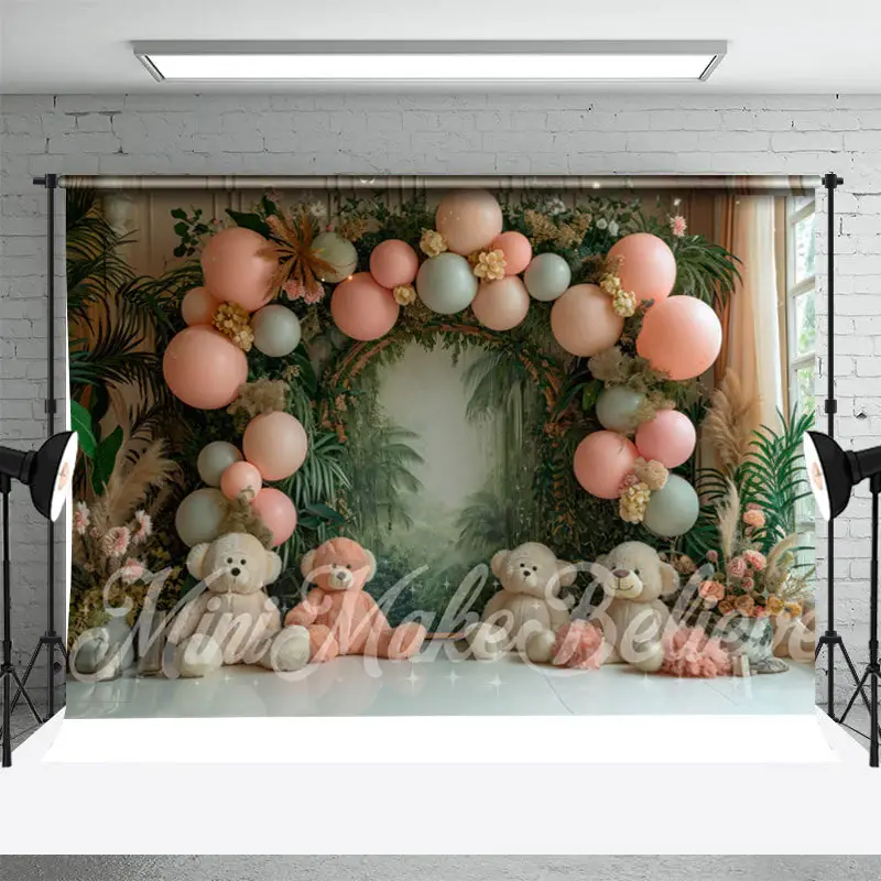 Balloon Greenery Bear Birthday Cake Smash Backdrop - Aperturee