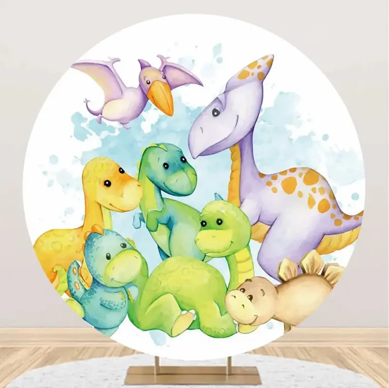 Round White Various Dinosaurs Backdrop For Party - Aperturee