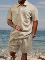 Two-Piece Set Men's Solid Color Textured Short Sleeve Polo Shirt & Drawstring Waist Shorts Set, Regular Fit Casual Fashion Co...