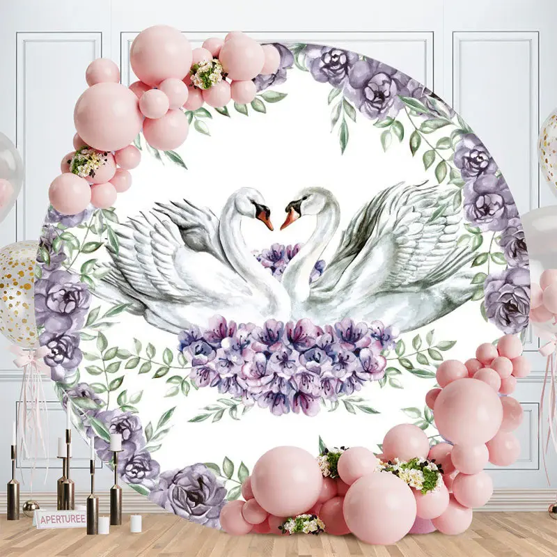 Aperturee Purple Floral And Swan Round Baby Shower Backdrop