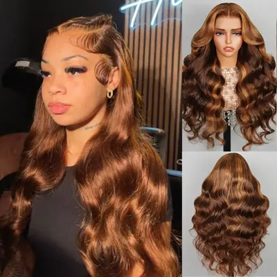 [Hot] 13X4 Lace Balayage Highlight Brown Body Wave Wig Human Hair Full HD Lace Front Pre Plucked Hairline and Bleached Knots ...