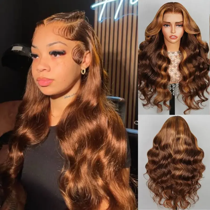 [Hot] 13X4 Lace Balayage Highlight Brown Body Wave Wig Human Hair Full HD Lace Front Pre Plucked Hairline and Bleached Knots ...