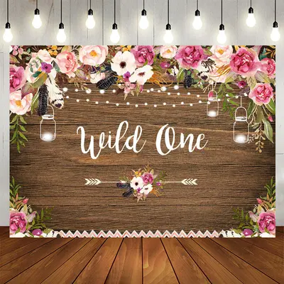 Aperturee Wild one Pink White Floral Wood Birthday Backdrop