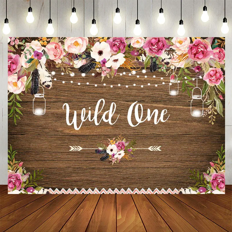 Aperturee Wild one Pink White Floral Wood Birthday Backdrop