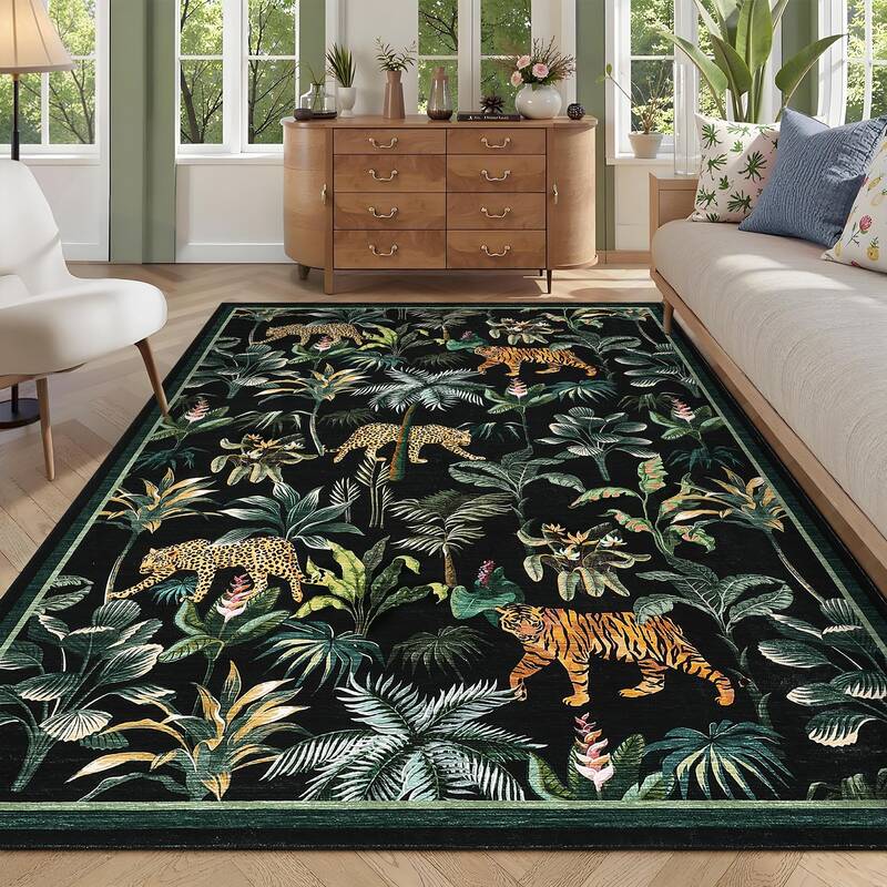 Garvee Black Tiger 8x10 Living Room Washable Rug Tropical Jungle Plant Design Non-Slip Low Pile Stain Resistant Black for Bed...