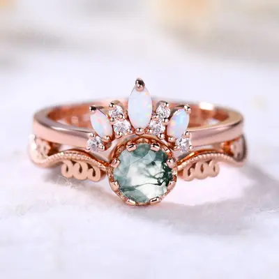 Natural Moss Agate Opal Diamond Bridal Ring Set Art Deco