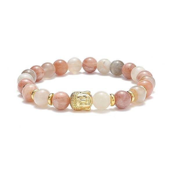 Natural Multi-Moonstone & Alloy Buddha Head Beaded Stretch Bracelet