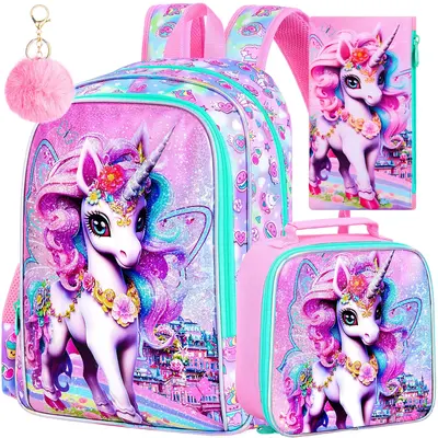 16 Unicorn Backpack, 3Pcs School Bookbag for Girls with Lunch Box, Kids Backpacks for Elementary Preschool Kindergarten(Pin...
