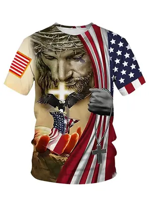 Men's All Over Print Round Neck 4th of July Tee, Regular Fit Casual Short Sleeve Crew Neck T-Shirt for Summer, Graphic Tees...