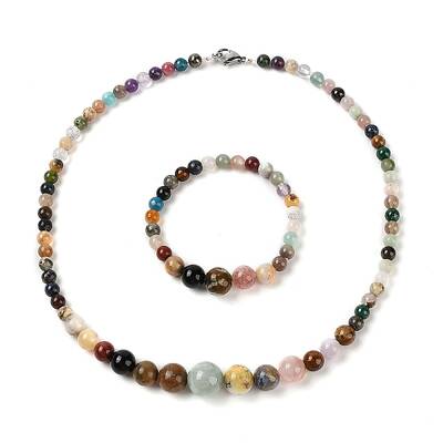 Natural Mixed Stone Round Beads Bracelets & Necklaces Sets