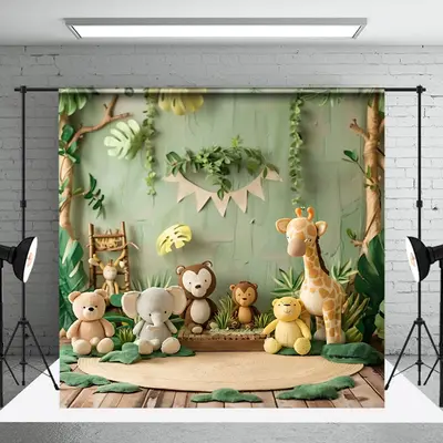 Safari Animal Doll Jungle Plant Wood Photo Backdrop - Aperturee