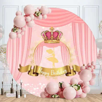 Aperturee Pink Crown And Gold Dancer Round Birthday Backdrop