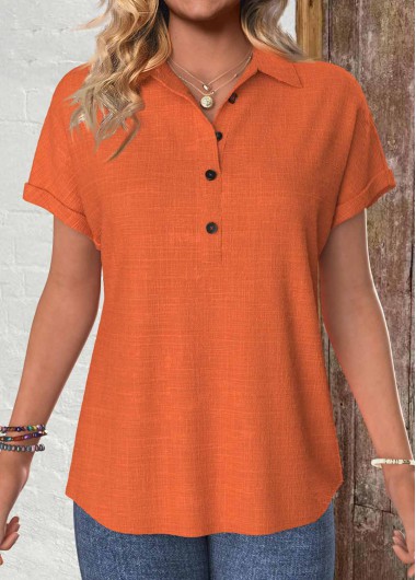 Modlily Terracotta Button Short Sleeve Shirt Collar Blouse - XXL