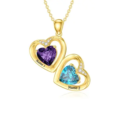14K Gold Heart Cubic Zirconia Personalized Birthstone Classic Name & Heart Pendant Necklace For Women