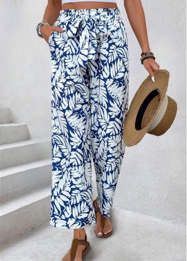Modlily Navy Leaf Print Straight Leg Elastic Waist Pants - S