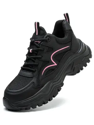 Women's Fashion Lace Up Front Work Safety Shoes, Casual Comfort Breathable Anti-smash Anti-puncture Sports Shoes, Female All-...
