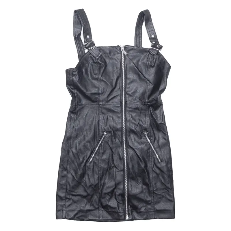H&M DIVIDED Faux Leather Zips Womens Dungaree Dress Black Sleeveless Short UK 6