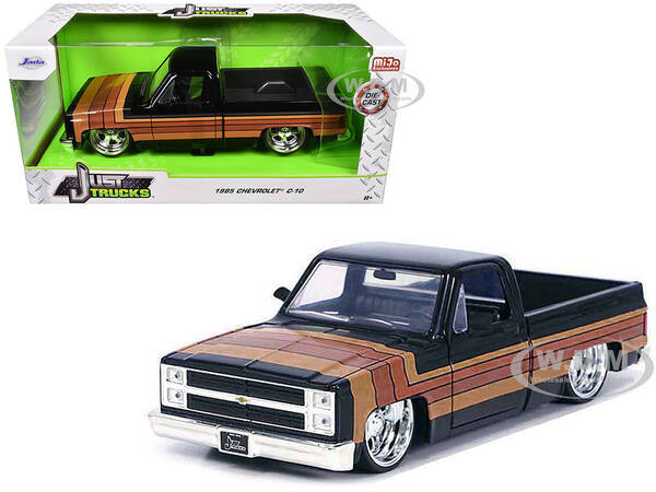 1985 Chevrolet C-10 Pickup Truck Black with Stripes and Paradox Wheels Just Trucks Series 1/24 Diecast Model Car by Jada