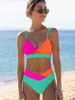 Popvil Color Block Front Cutout Neno Bikini Set Back Lace-up High Waisted Bathing Suit, Tummy Control Swimsuit for Women,Spri...