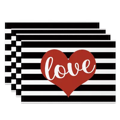 Aperturee Valentines Love Black White Stripe Set Of 4 Placemats, 14x12 Inch, 15.8 USD, NYLX00560-S, placemats