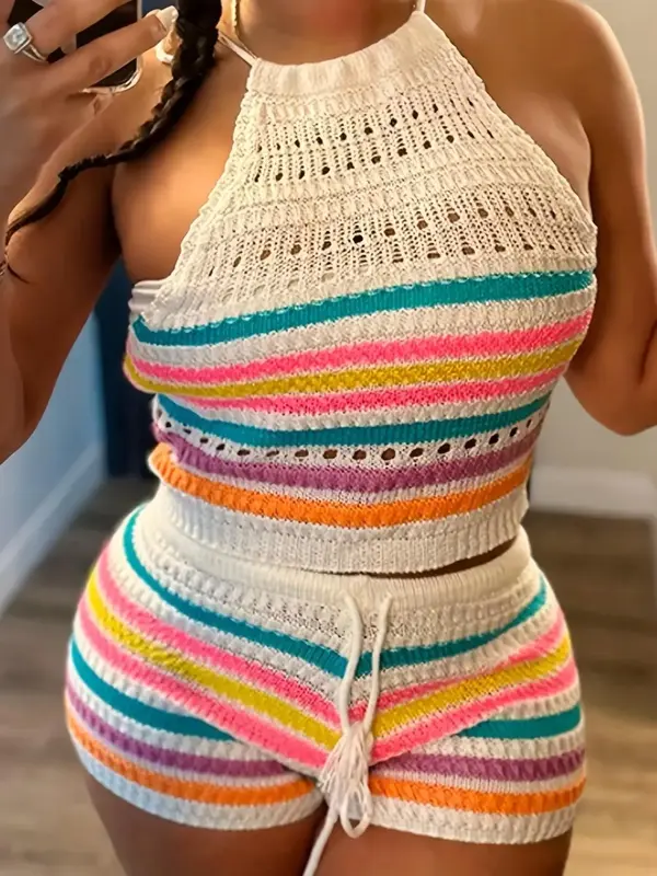 Women's Striped Print Co-ord Set, Casual Halter Neck Crop Top & Drawstring Waist Shorts Set for Summer, Ladies Clothes for Da...