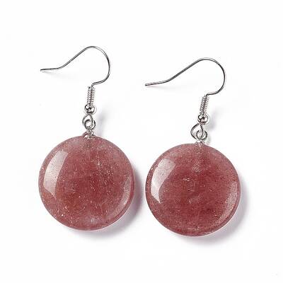 Natural Strawberry Quartz Flat Round Dangle Earrings