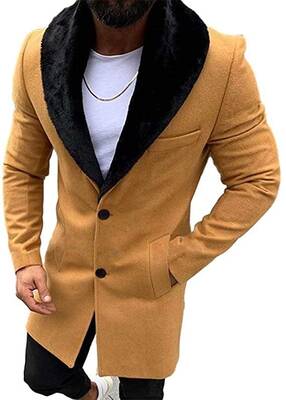 Lcucyes Mens Faux Fur Collar Jackets Winter Long Woolen Coat