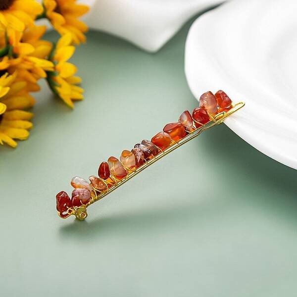 Natural Red Agate Chip & Metal Hair Bobby Pins
