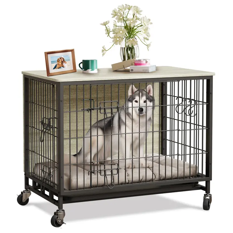 Garvee Dog Crate Furniture, Double Doors Wooden Dog Kennel Cage, 32.5 Indoor Dog Crate with Pull-Out Tray & Removable Wheel...