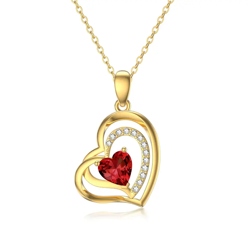 14K Gold Ruby Couple Mother Heart With Heart Pendant Necklace Gemstone Necklaces