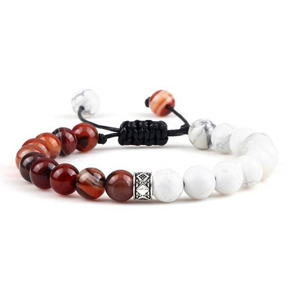 Adjustable Round Natural Howlite & Agate Braided Bead Bracelets for Women Men