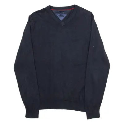 TOMMY HILFIGER Cotton Cashmere Mens Jumper Blue V-Neck Tight Knit S