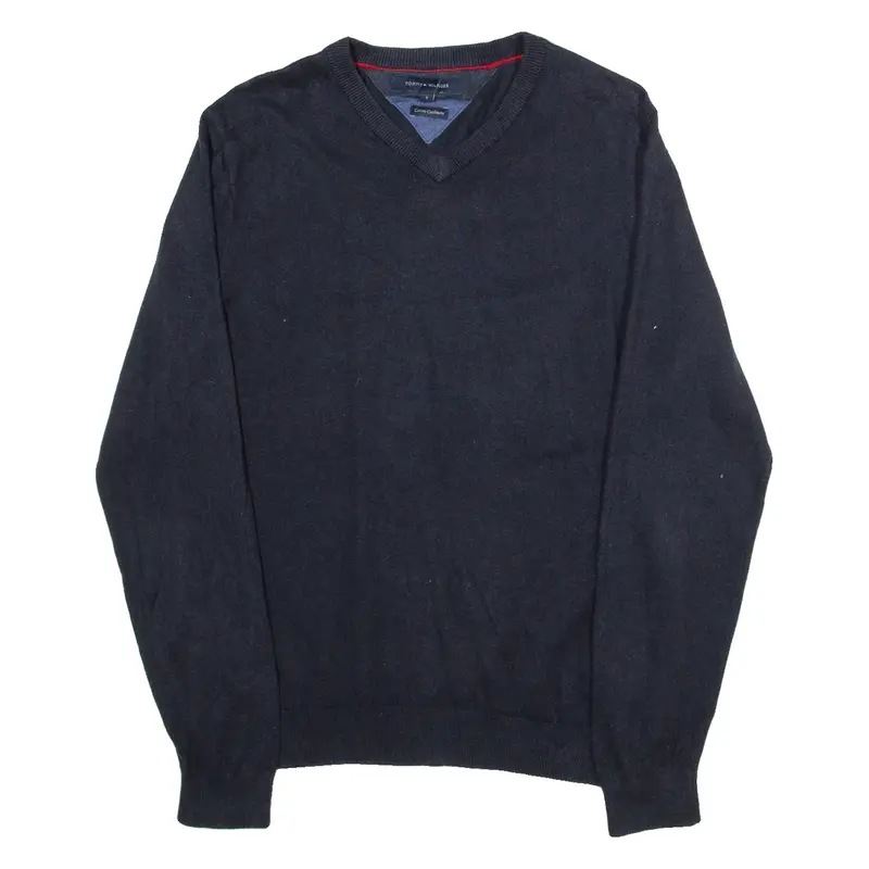 TOMMY HILFIGER Cotton Cashmere Mens Jumper Blue V-Neck Tight Knit S