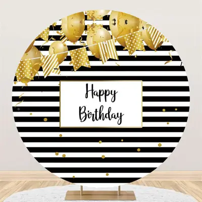 Aperturee Gold Balloon Black White Stripes Round Birthday Backdrop | Backdrop For Birthday Party | Diy Birthday Backdrop | Bi...