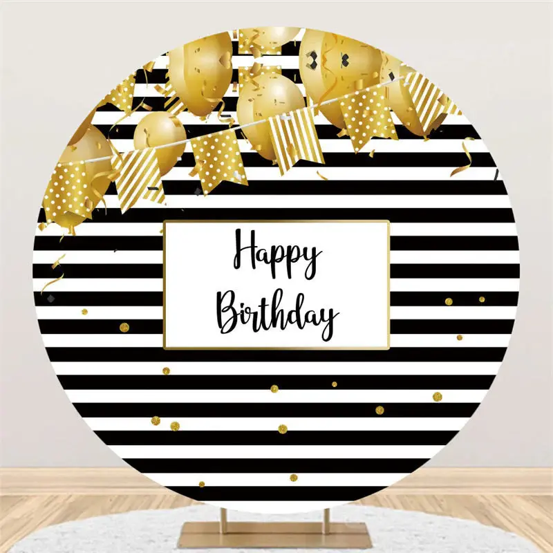 Aperturee Gold Balloon Black White Stripes Round Birthday Backdrop | Backdrop For Birthday Party | Diy Birthday Backdrop | Bi...