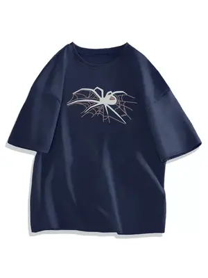 Men's Cartoon Spider Print Round Neck Tee, Regular Fit Casual Drop Shoulder Short Sleeve T-shirt, Graphic Tees, Men's Summer ...