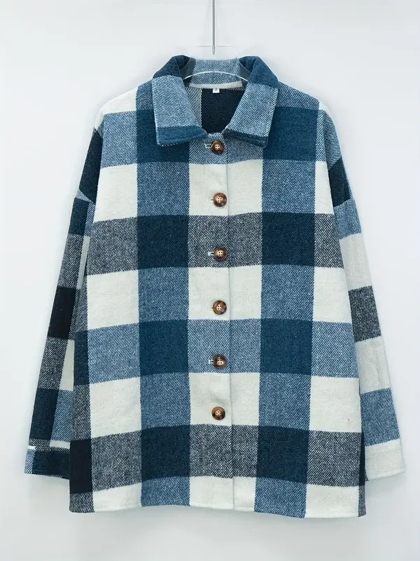 Women's Plaid Print Button Front Jacket Coats, Longsleeves Women Clothing, Casual Comfort Long Sleeve Collar Neck Outerwear f...