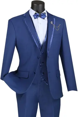 Vinci Men's Wool Feel Slim Fit 3 Piece Suit with Lapel Accent