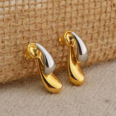 Two Tone Teardrop Brass Stud Earrings for Women